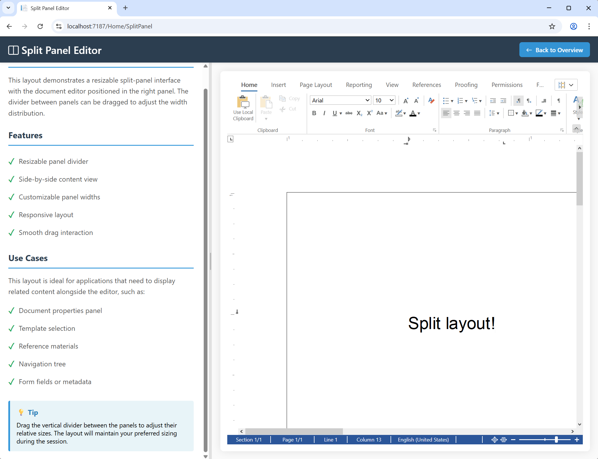Split Panel Editor Example