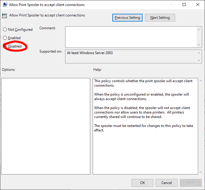 Disable the Print Spooler service Disable the Print Spooler service