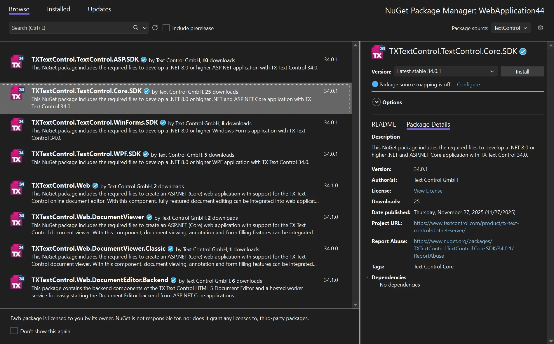 Installing TX Text Control NuGet packages in Visual Studio 2022 Installing TX Text Control NuGet packages in Visual Studio 2022