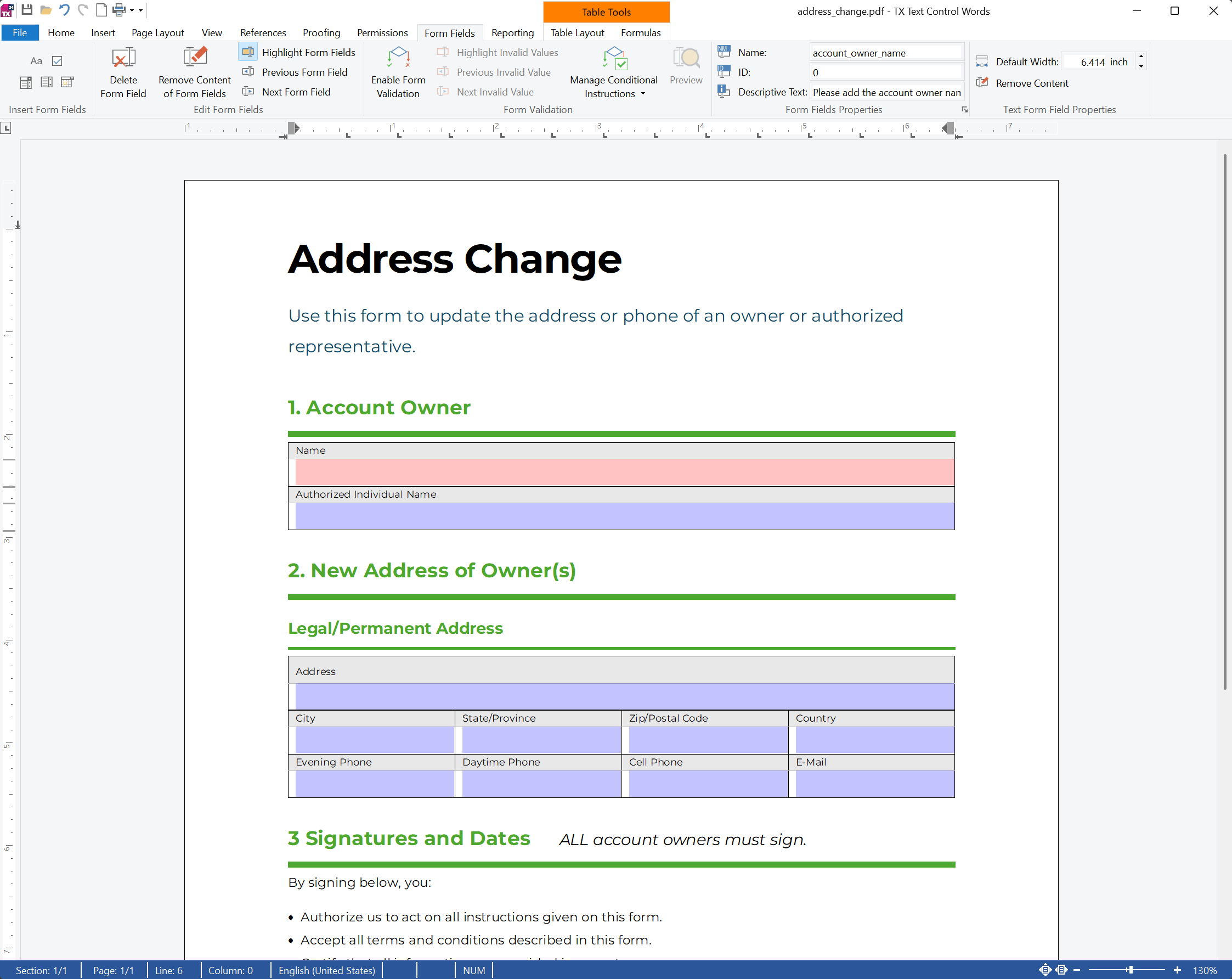 Screenshot of a PDF form designed with TX Text Control
