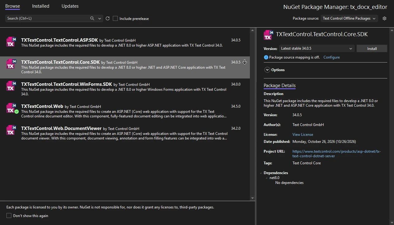 Add the TX Text Control NuGet Packages Add the TX Text Control NuGet Packages