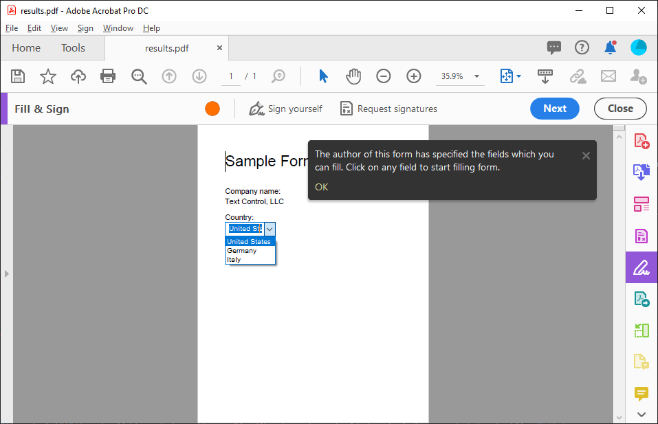 Form fields and TX Text Control