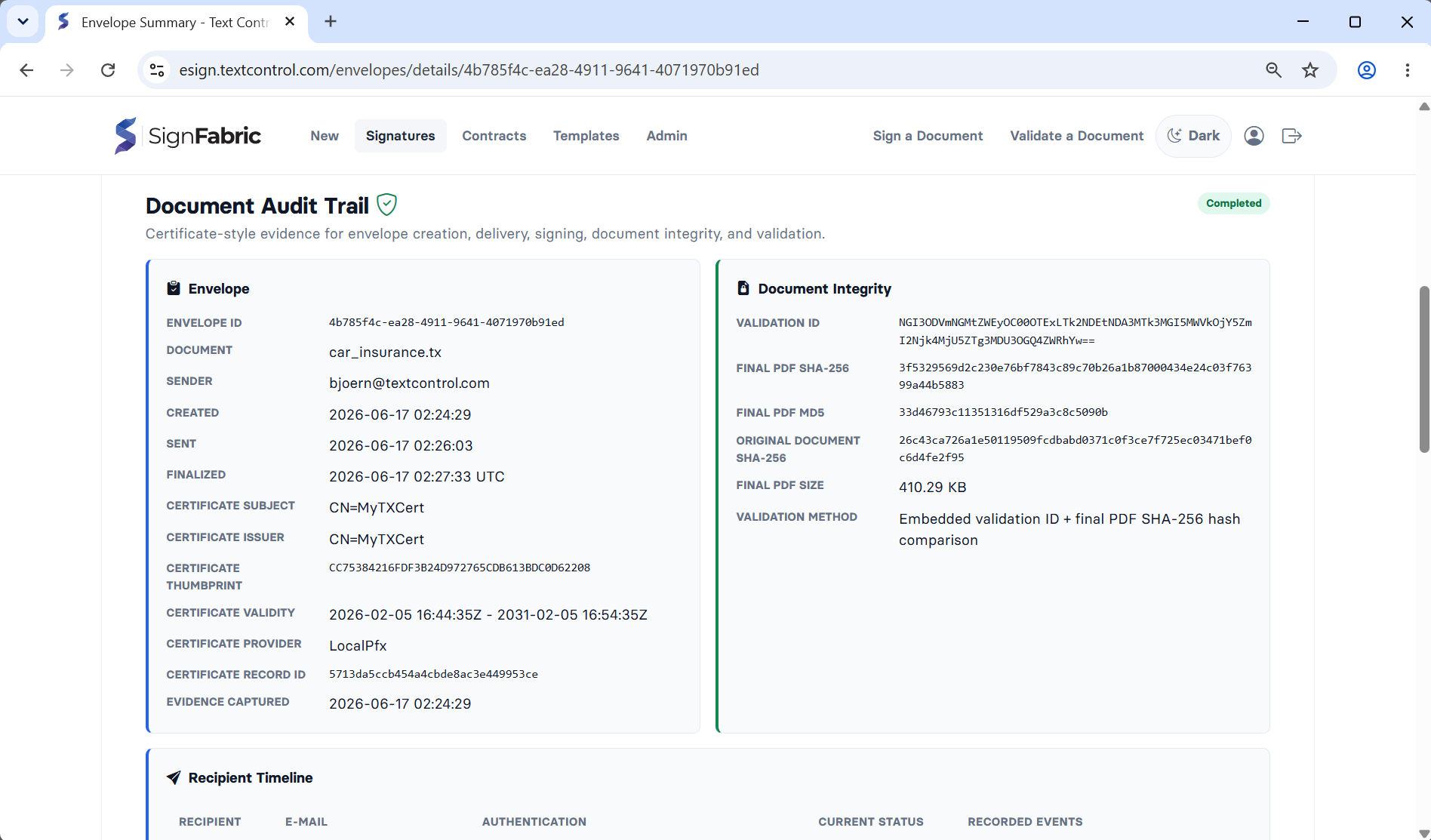 SignFabric Audit Trail SignFabric Audit Trail