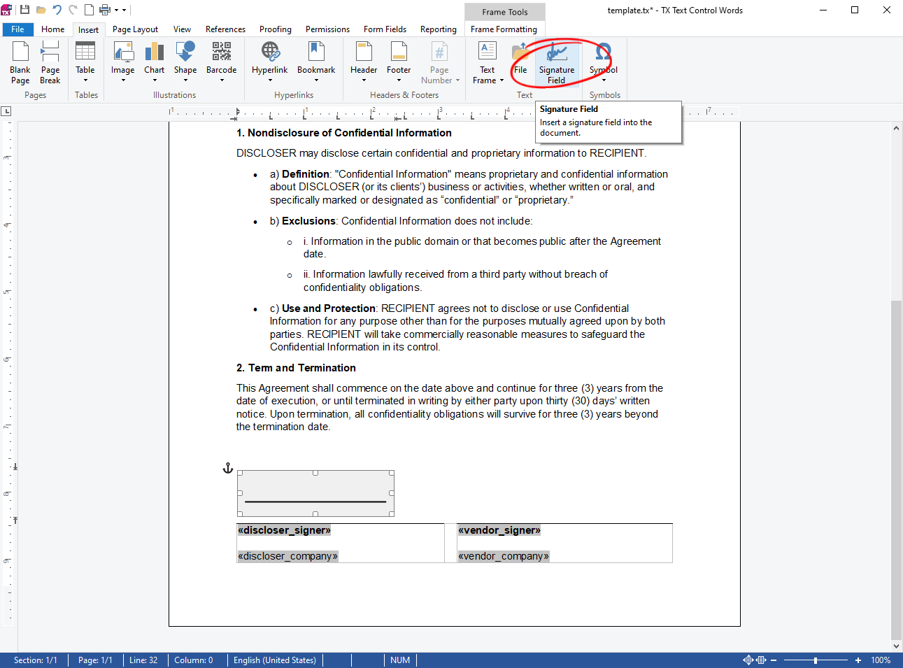 Creating signature templates with TX Text Control