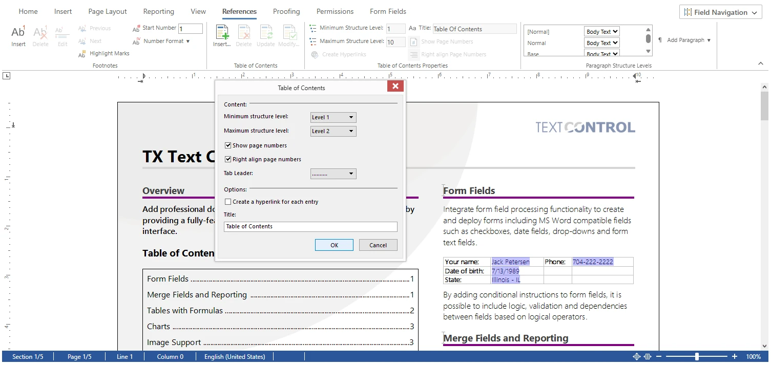 Table of Contents in JavaScript Rich Text Editor