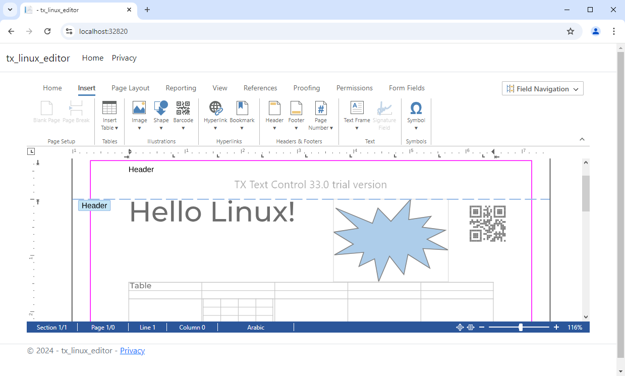 TX Text Control 33.0 Editor on Linux