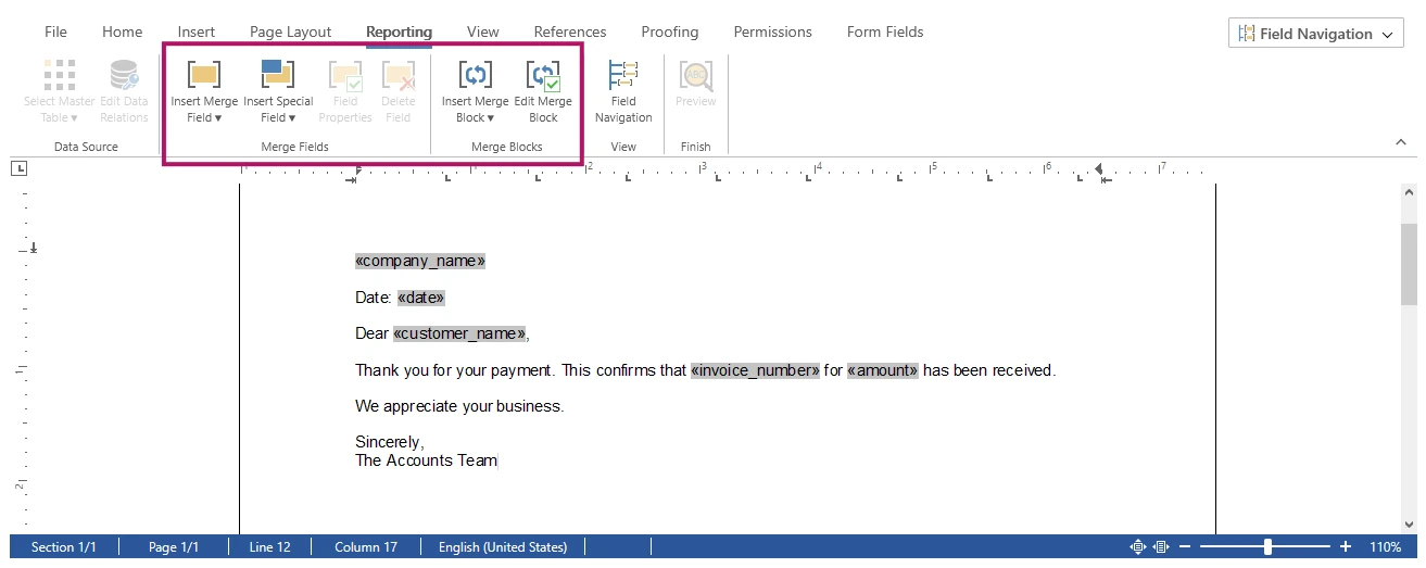Payment confirmation template in the TX Text Control Document Editor