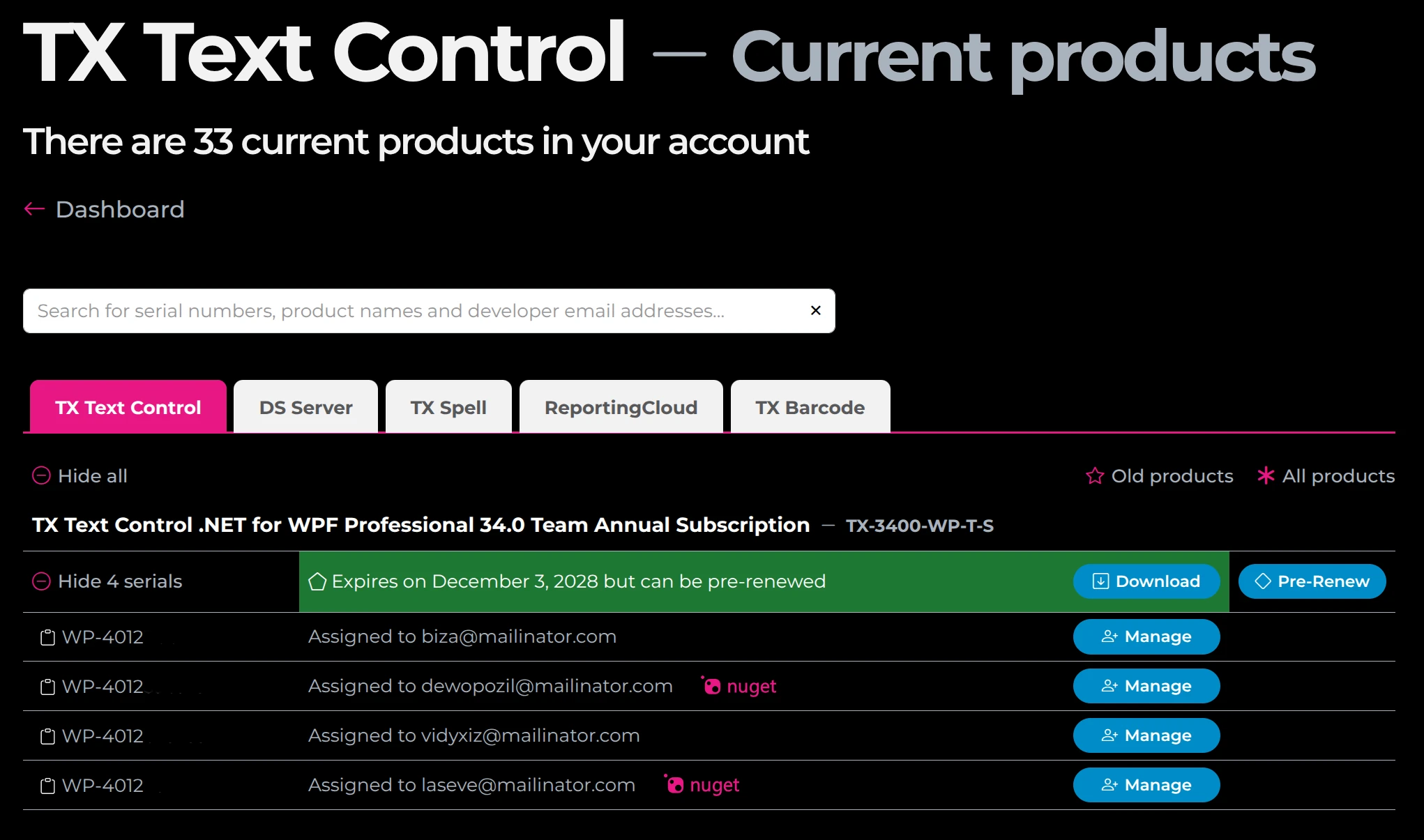 NuGet token indicator on the Manage Products page NuGet token indicator on the Manage Products page