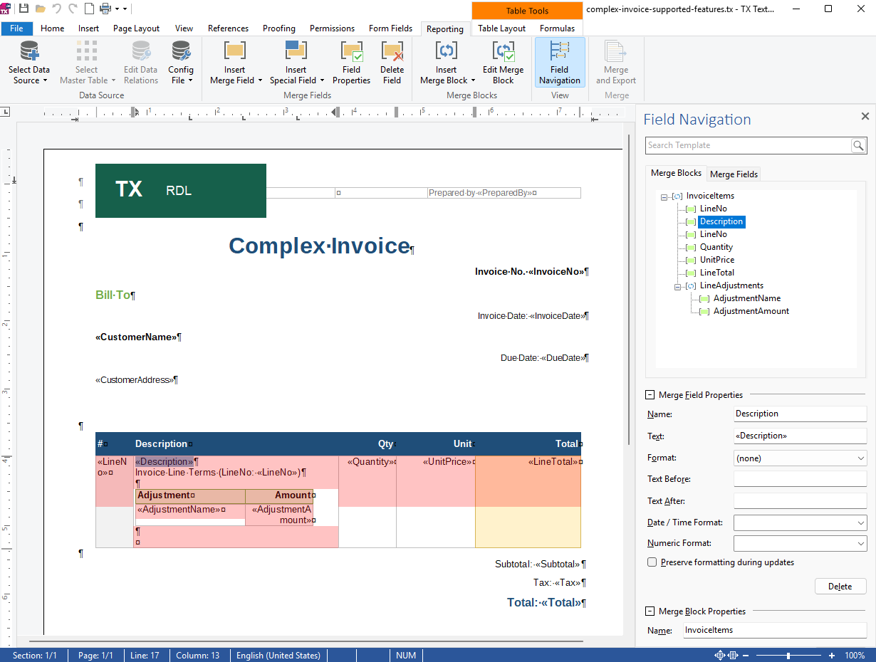 Converted complex invoice loaded into TX Text Control