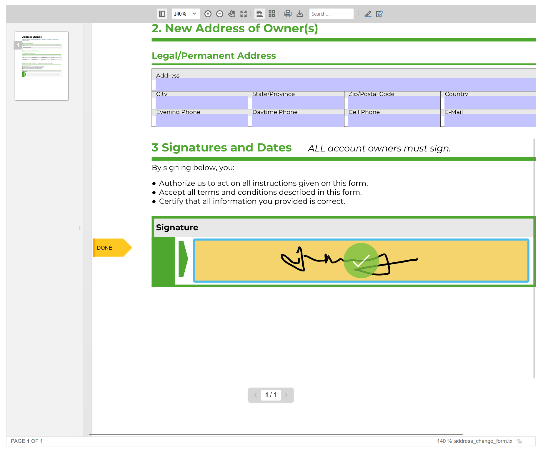 TX Text Control Document Viewer with filled form fields and applied signatures