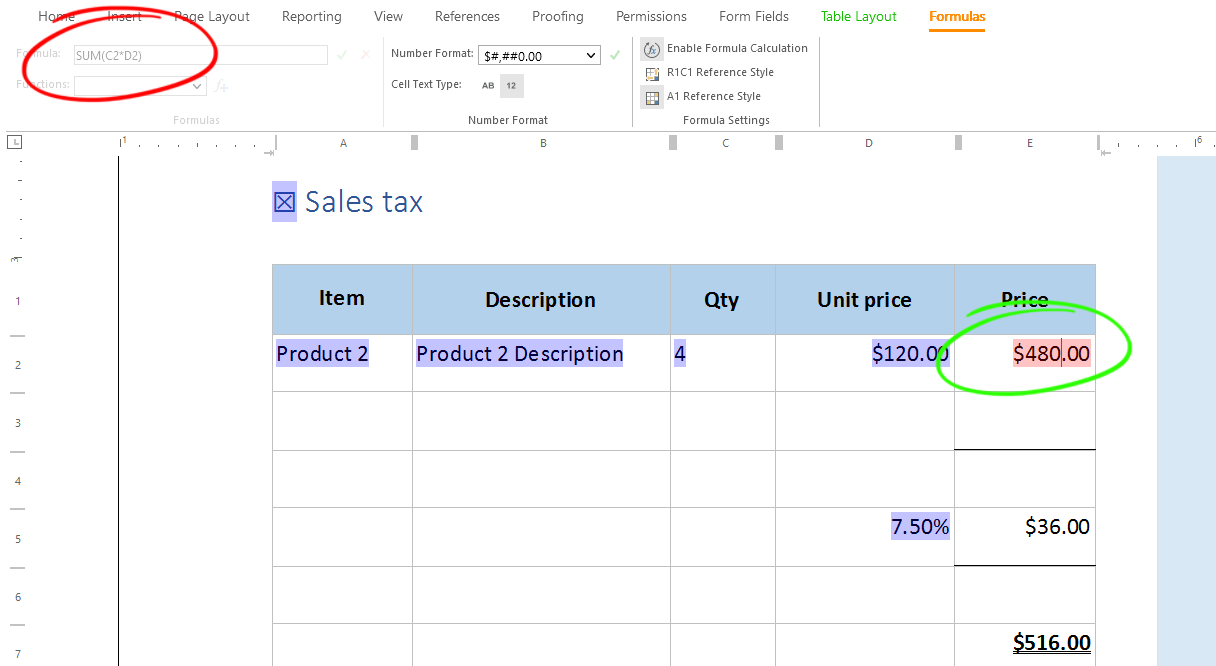 Form fields and formulas
