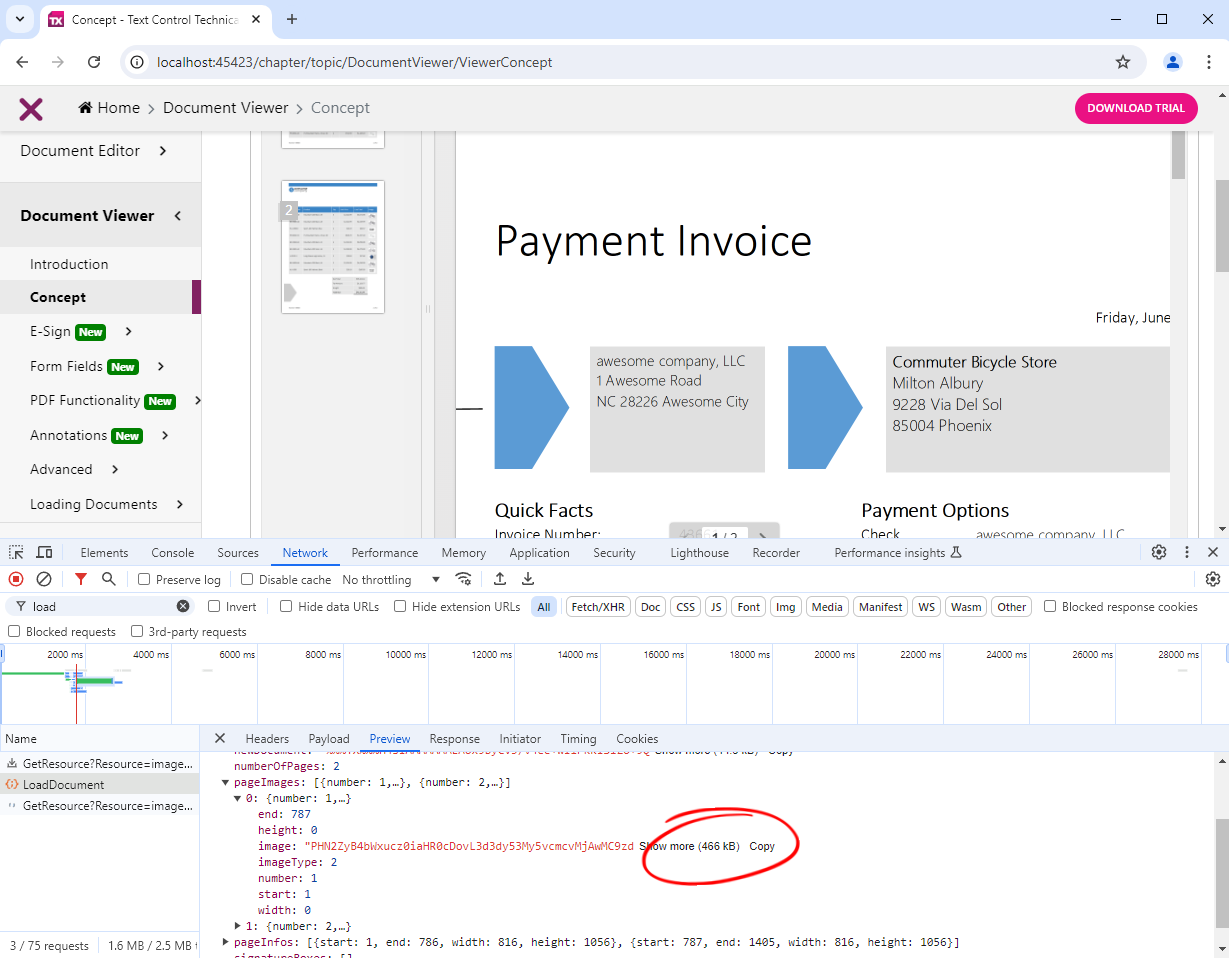 Chrome Developer Tools showing the return page size of a sample document when rendered in Bitmap mode