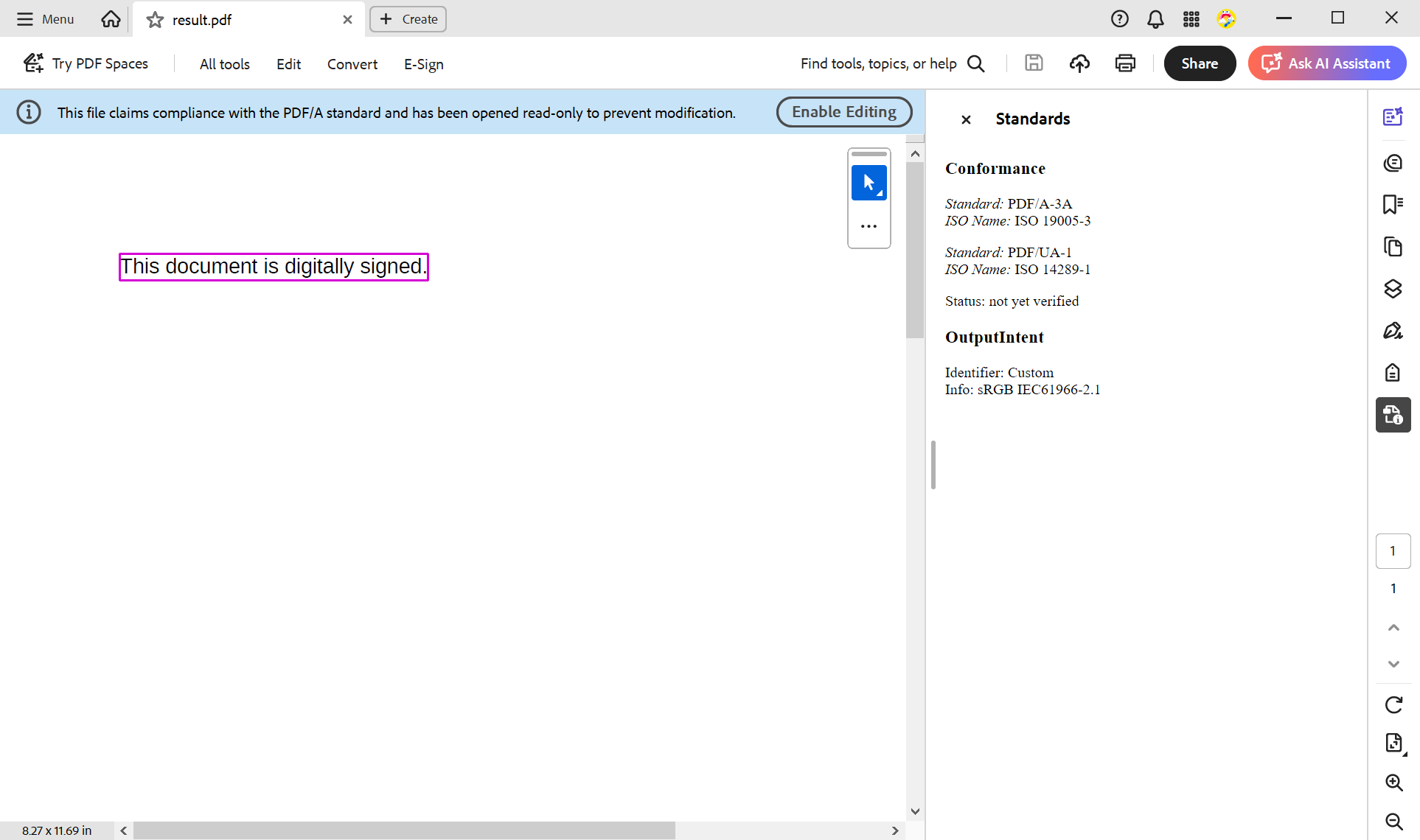 Exported PDF/A and PDF/UA document