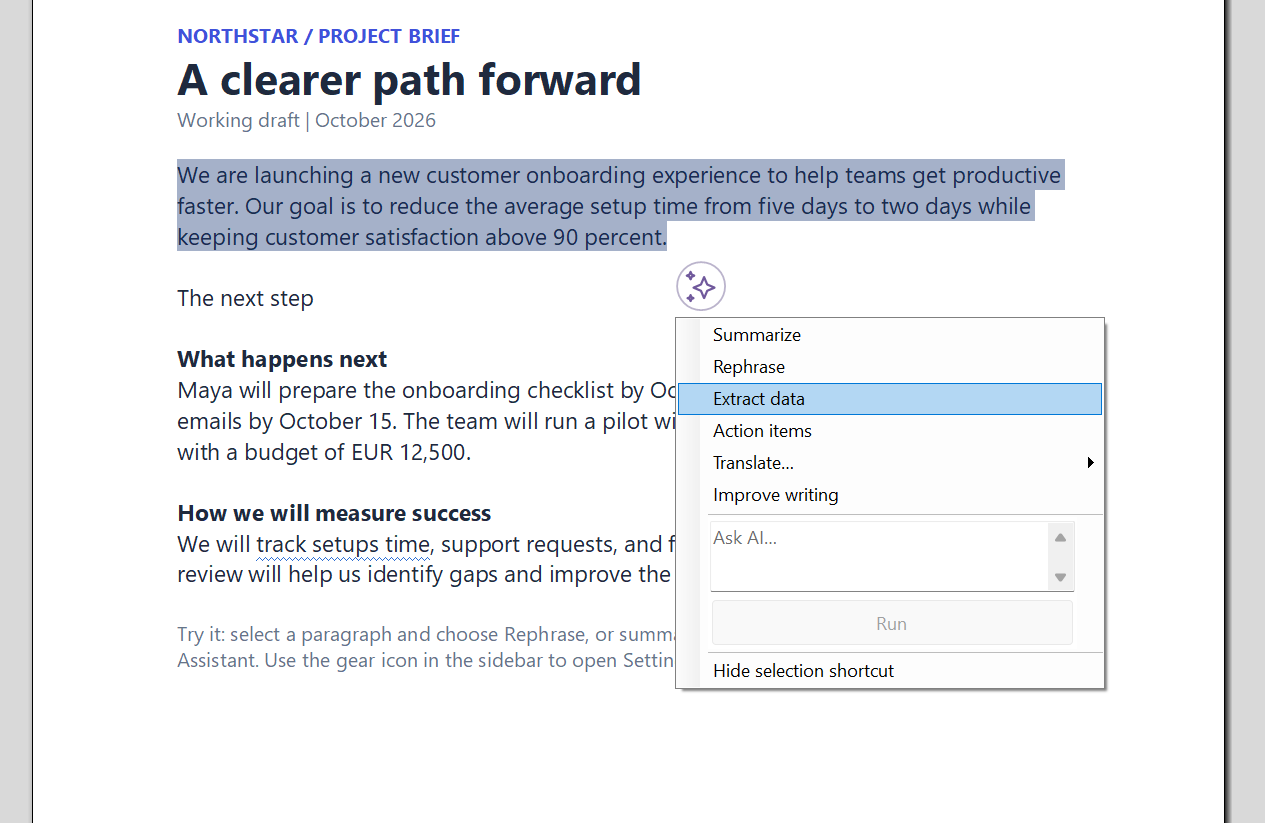 Quick actions for the selected text appear as a small floating button.