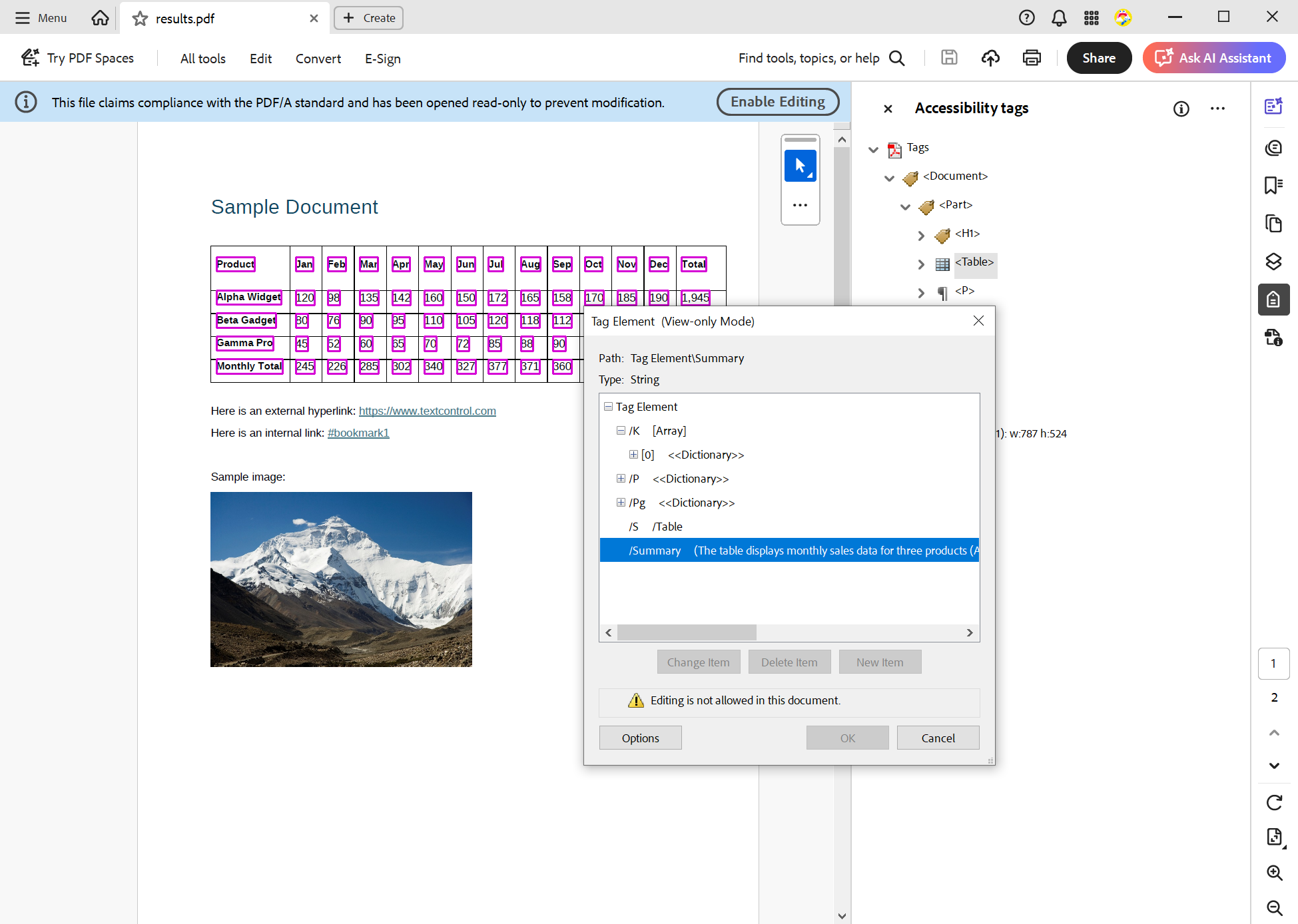 Table Summary in PDF/UA Tags