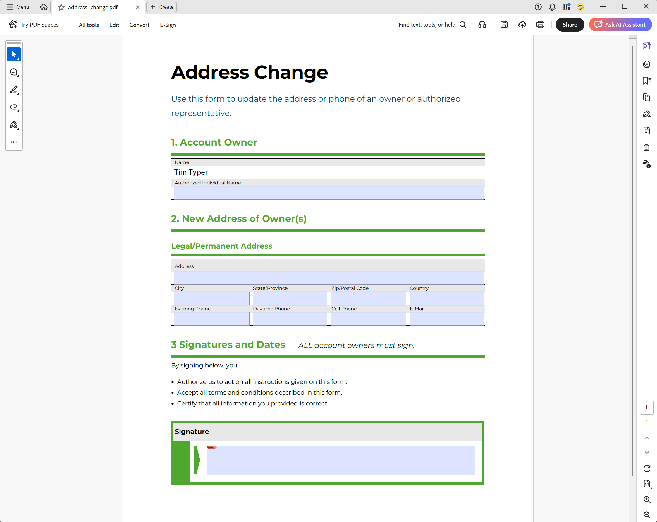 Screenshot of the same PDF form opened in Adobe Acrobat Reader