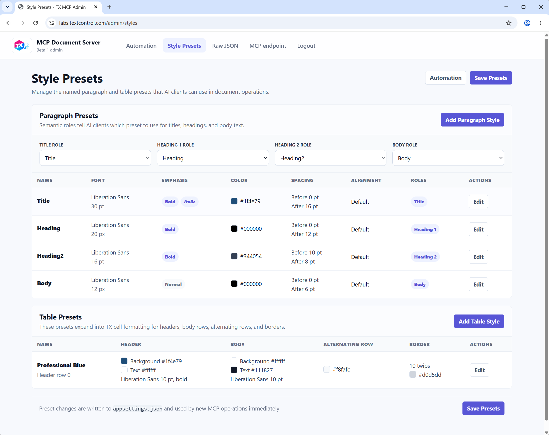 MCP admin interface for paragraph and table style presets