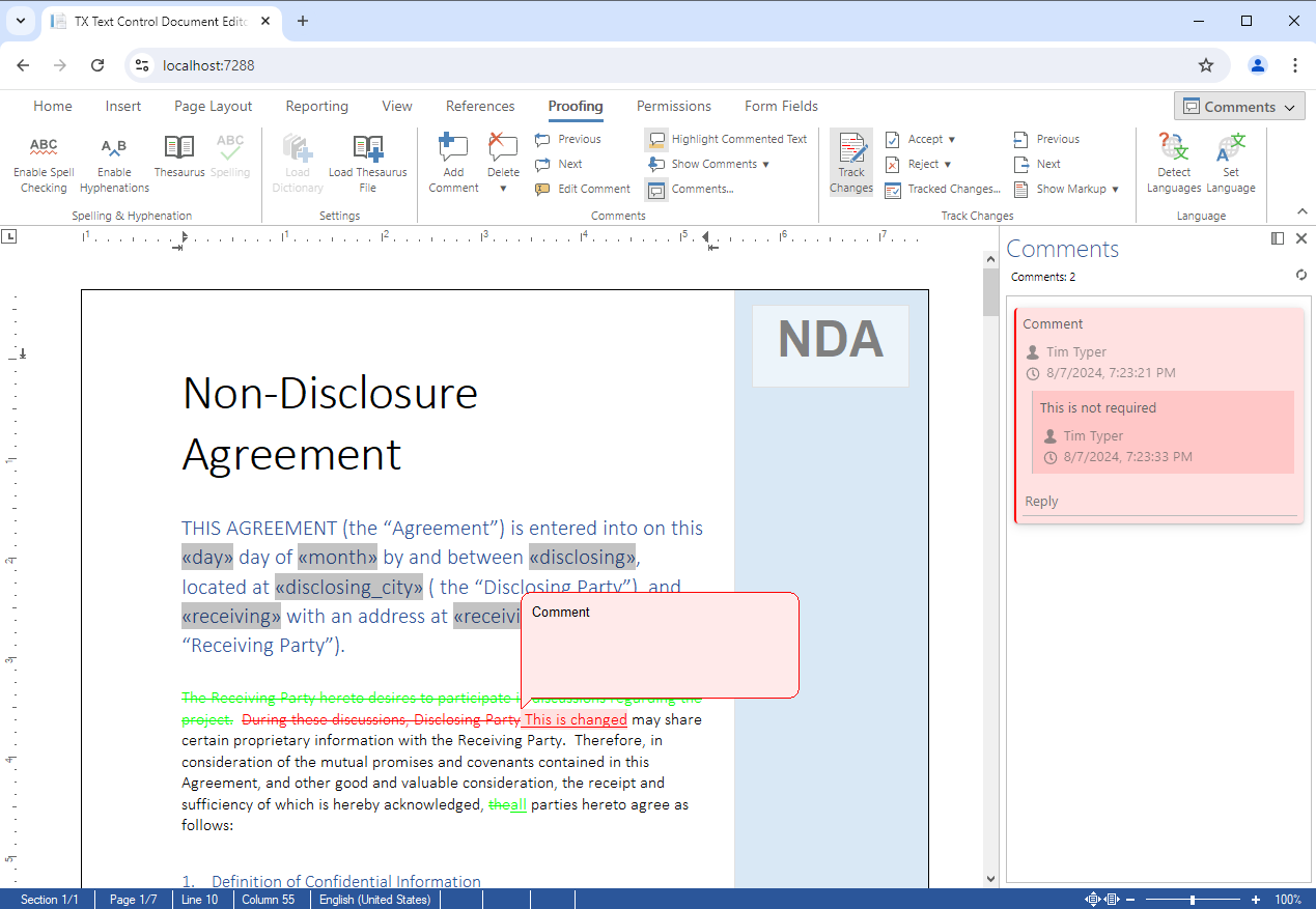 Track changes with TX Text Control