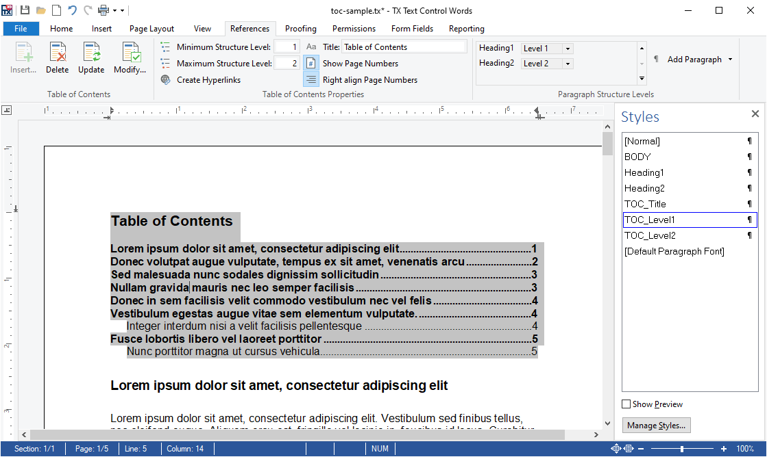 Table of contents in X19