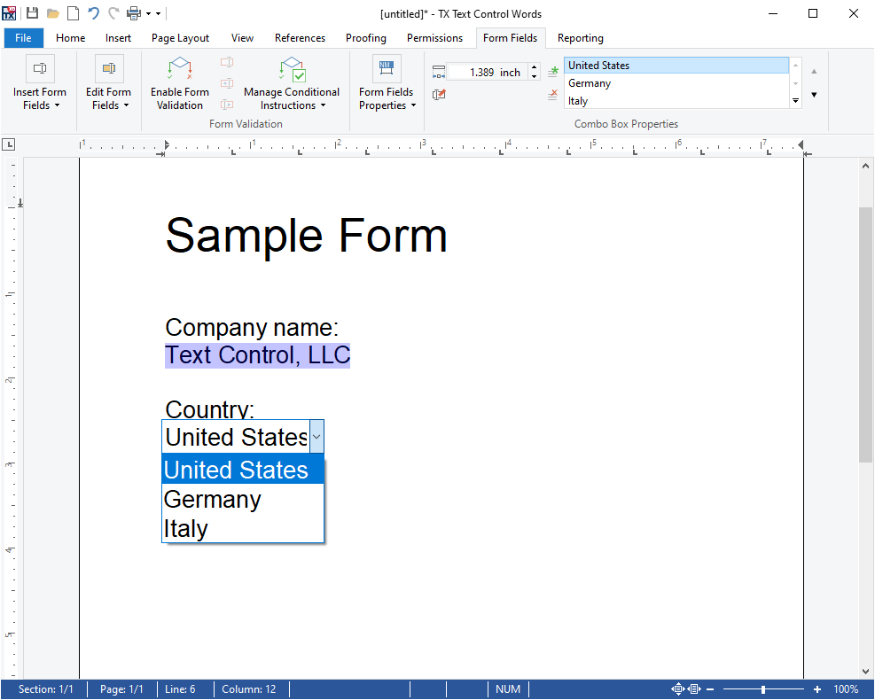 Form fields in TX Text Control