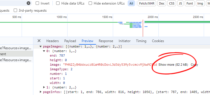 Chrome Developer Tools showing the return page size of a sample document when rendered in Font mode