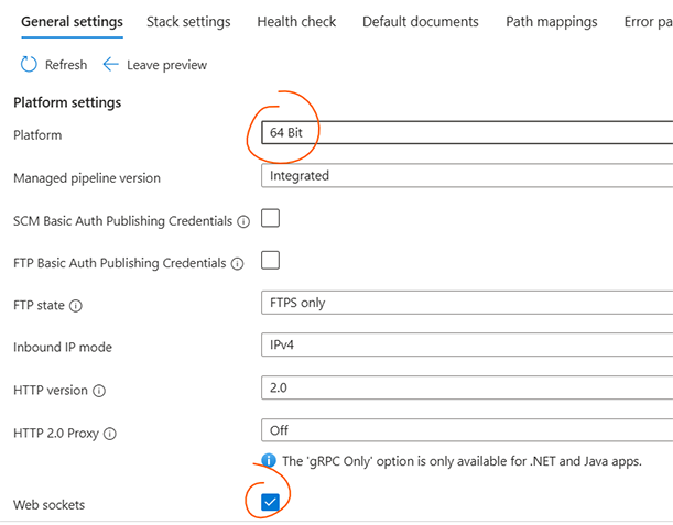 Enable 64-bit and WebSockets in Azure App Service settings