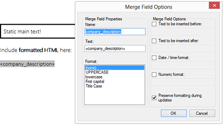 Merge formatted HTML into merge fields Merge formatted HTML into merge fields