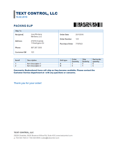 Text Control packing slip template Text Control packing slip template