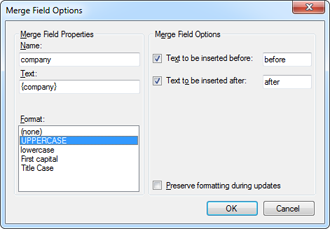 Merge field options Merge field options