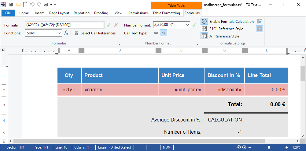 Invoice with Excel formulas