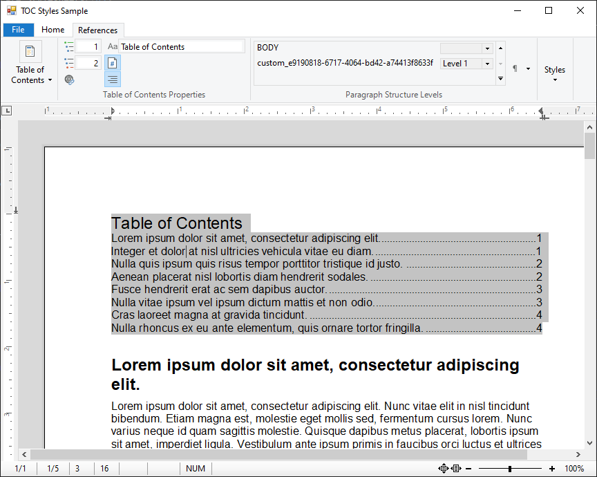 TOC in TX Text Control