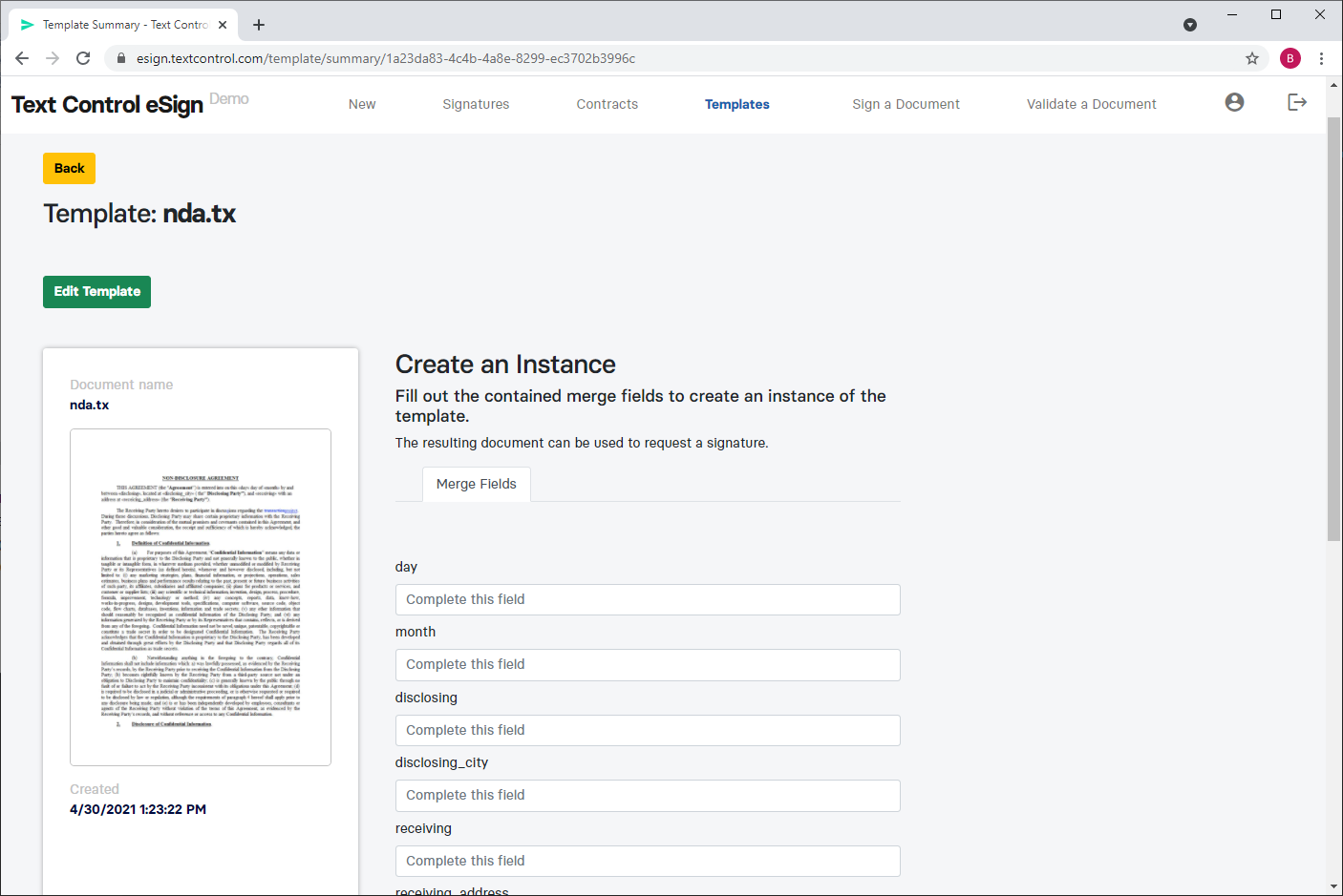 Text Control eSign Demo: Reusable Templates With toll processing agreement template