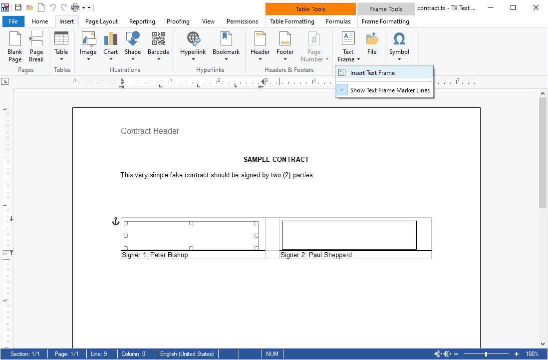 Adding signature frames