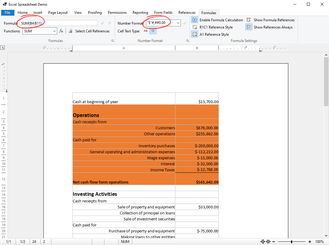 Spreadsheets in Excel Document