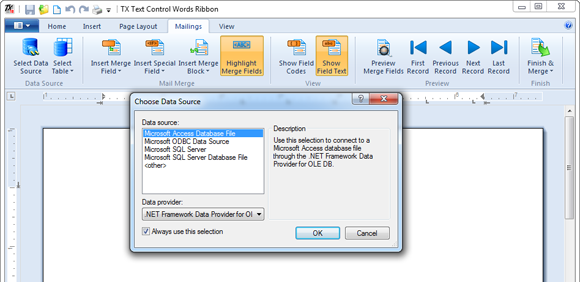 Mailings tab in TX Text Control Words Mailings tab in TX Text Control Words