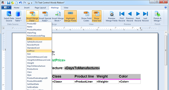 Mailings tab in TX Text Control Words