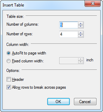 New table insert dialog New table insert dialog
