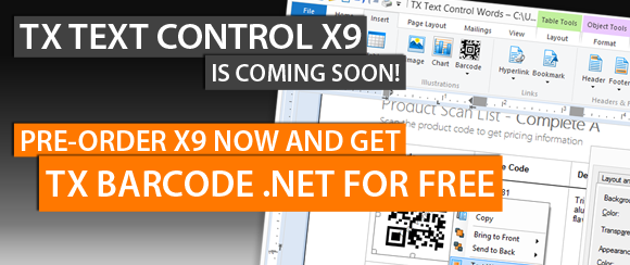 Free Barcode control when pre-ordering TX Text Control X9