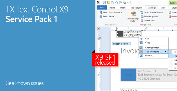 TX Text Control X9 Service Pack 1 released