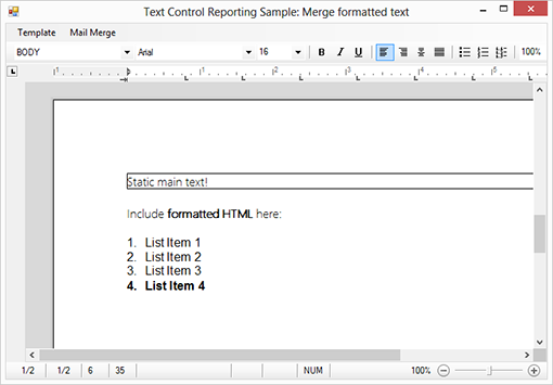 Merge formatted HTML into merge fields