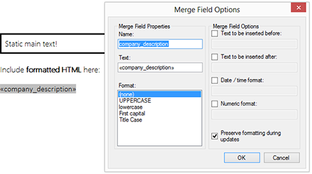 Merge formatted HTML into merge fields