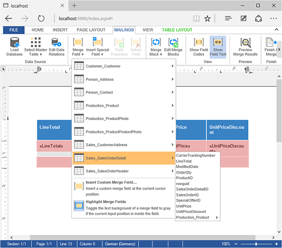 Web.TextControl X13: Improved merge field insertion