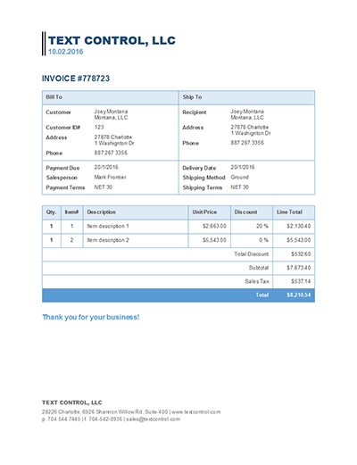 Text Control invoice template