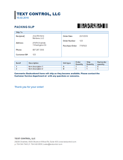 Text Control packing slip template