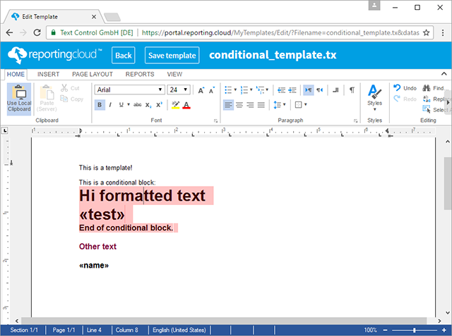 ReportingCloud: Conditional text blocks based on merge blocks