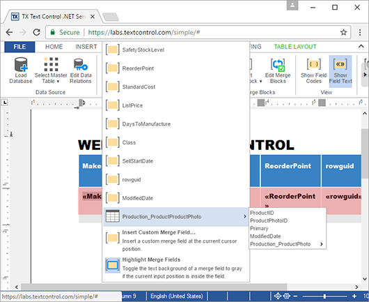 Web.TextControl: Adaptive merge field drop-down lists