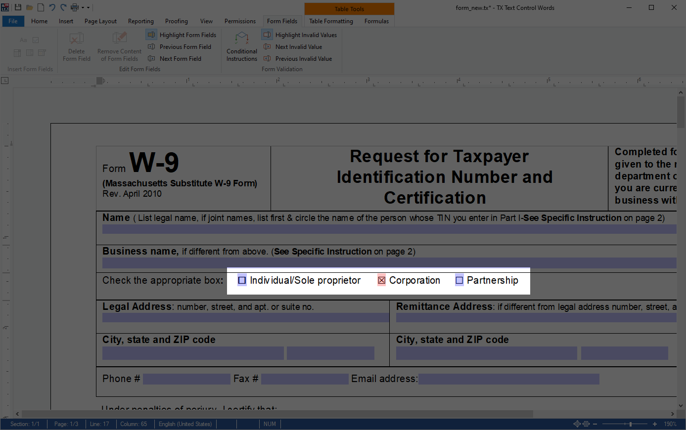 Form fields in TX Text Control