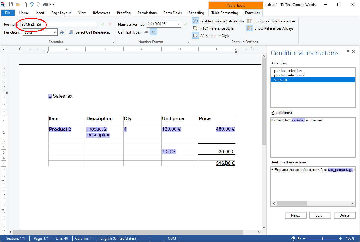 Formula in Text Control