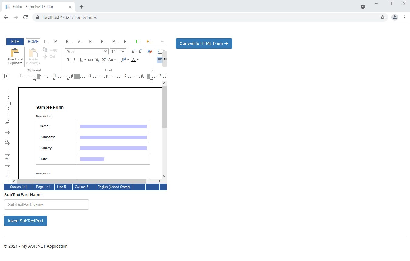 Template with form fields