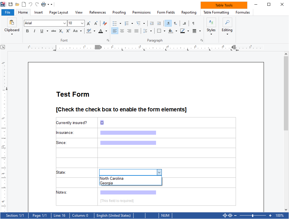 Template with form fields